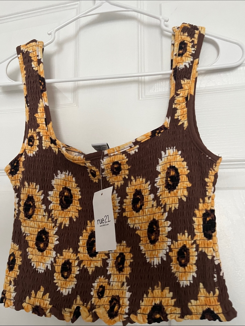 Rue21 Brown Sunflower Smocked Crop Tank Top